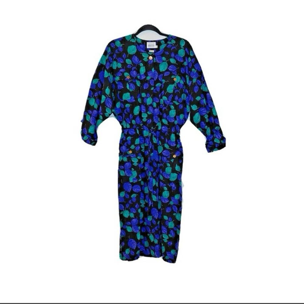 FLAWLESS VTG LESLIE FAY Leaf Belted Dress 3/4 Sleeve SZ 14 -lp Gold Button